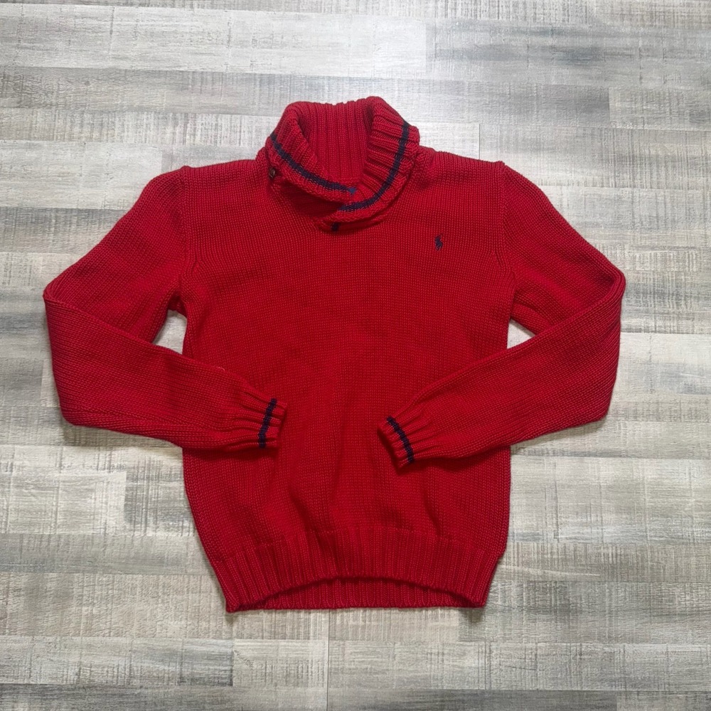 Polo Ralph Lauren Shawl Striped Black Red Pony Youth Large 14-16 Knit Sweater